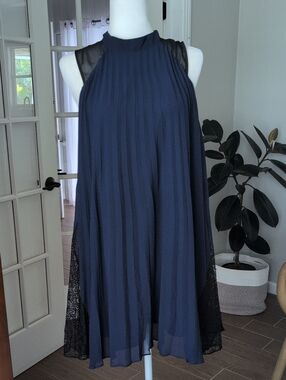 BCBGeneration Navy Pleated Dress with Black Lace Insets Medium